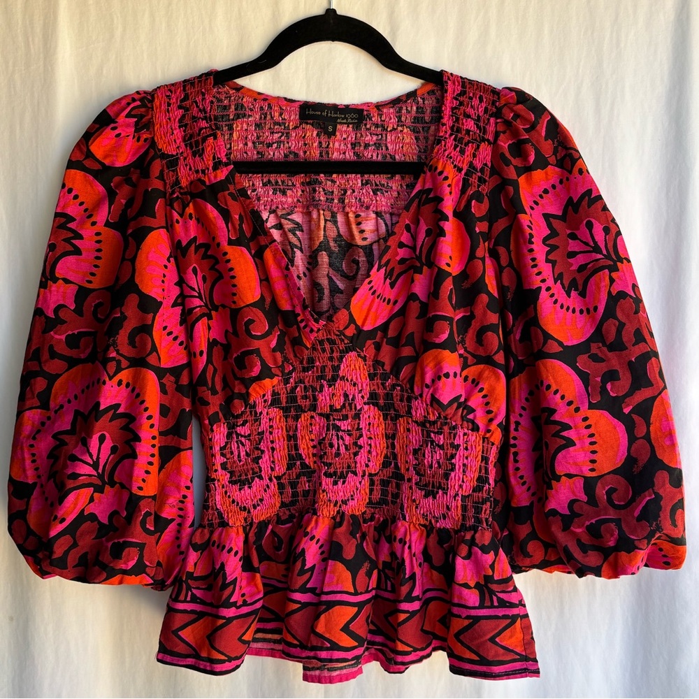 House of Harlow 1960 Floral Peplum Blouse NWOT Pink Orange Puff Sleeve - Size S
